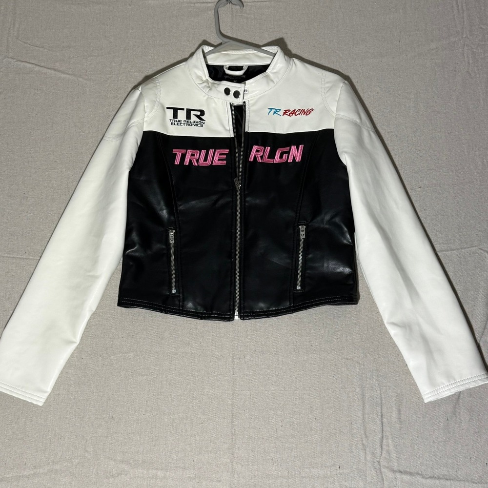 True Religion Womens Racing Moto Jacket Black White Faux Leather Embroidered M
